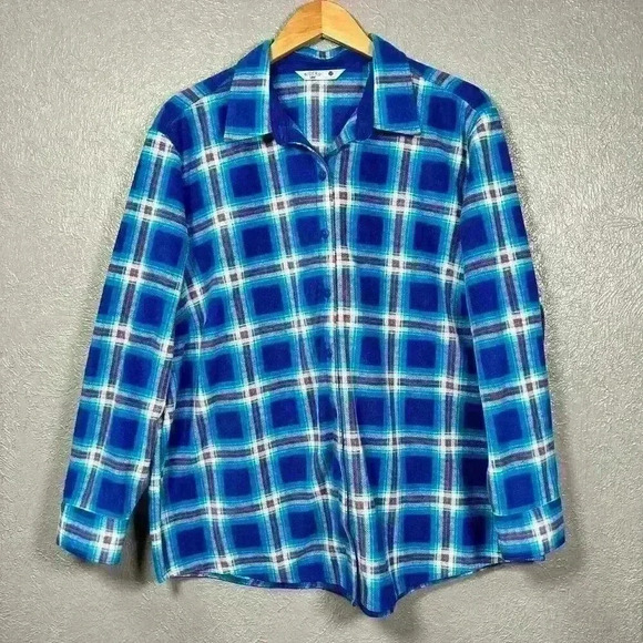RIDERS BY LEE Super Soft Flannel Fleece Button Up Blue Plaid Top Women 1X - Picture 1 of 11